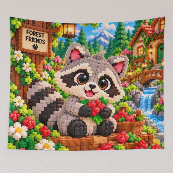 Artikelvorschau, Niedlicher Waschbär mit Beeren – Buntes Mosaik aus Bausteinen entworfen und verkauft von WildWhimsy Art.