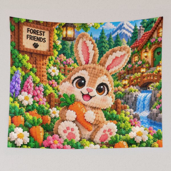 Artikelvorschau, Niedliches Häschen mit Karotte – Buntes Mosaik aus Bausteinen entworfen und verkauft von WildWhimsy Art.