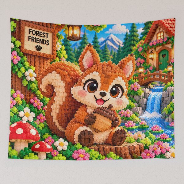 Artikelvorschau, Niedliches Eichhörnchen umarmt eine Eichel – Buntes Mosaik aus Bausteinen entworfen und verkauft von WildWhimsy Art.