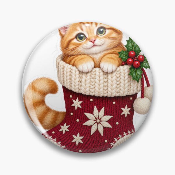Item preview, Christmas Kitten PNG Clipart in Red Knitted Stocking, Cute Orange Cat with Holly and Cream Pom Poms designed and sold by AnnavelleStudio.
