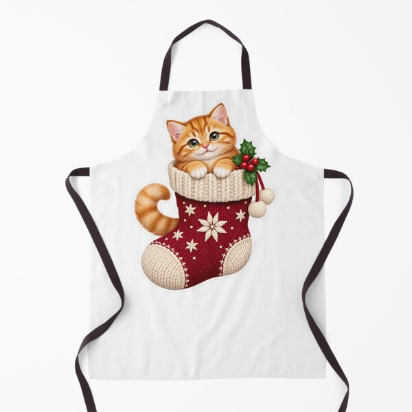 Item preview, Christmas Kitten PNG Clipart in Red Knitted Stocking, Cute Orange Cat with Holly and Cream Pom Poms designed and sold by AnnavelleStudio.