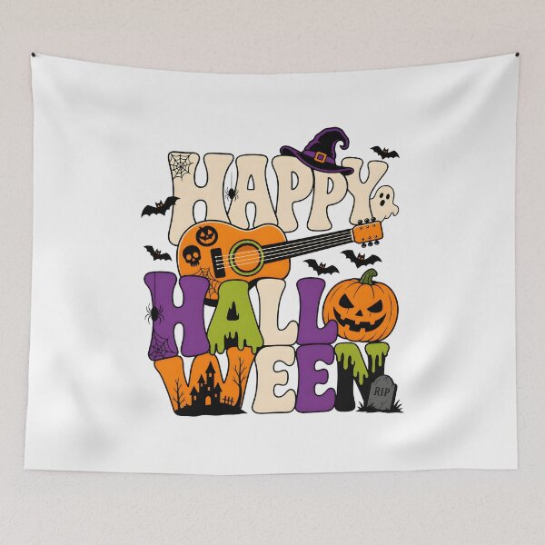 Item preview, retro happy halloween guitar witch hat ghost bats pumpkin designed and sold by hugoinkcoast.