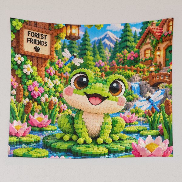 Artikelvorschau, Niedlicher Frosch auf einem Seerosenblatt – Buntes Mosaik aus Bausteinen entworfen und verkauft von WildWhimsy Art.