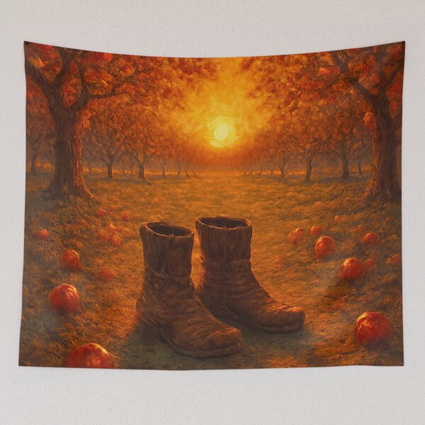 Item preview, Rustic Autumn Orchard Sunset Worn Boots Pumpkin Harvest Art designed and sold by FestivityFinds.