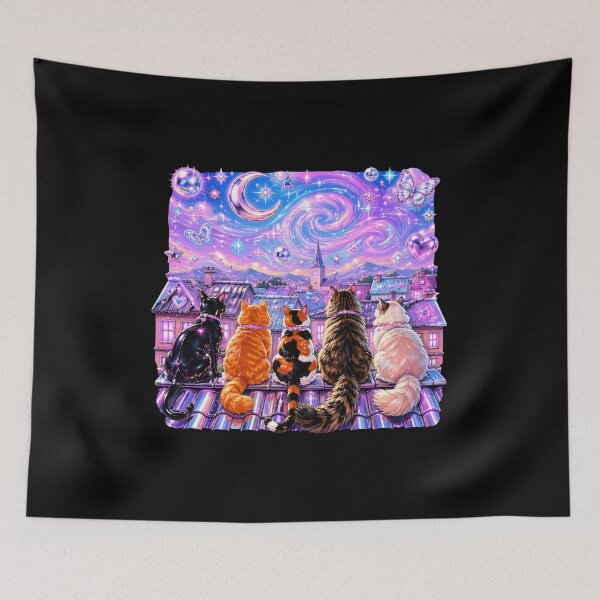 Item preview, whimsical cats on rooftop under starry moon night sky designed and sold by Cocuninecrew.
