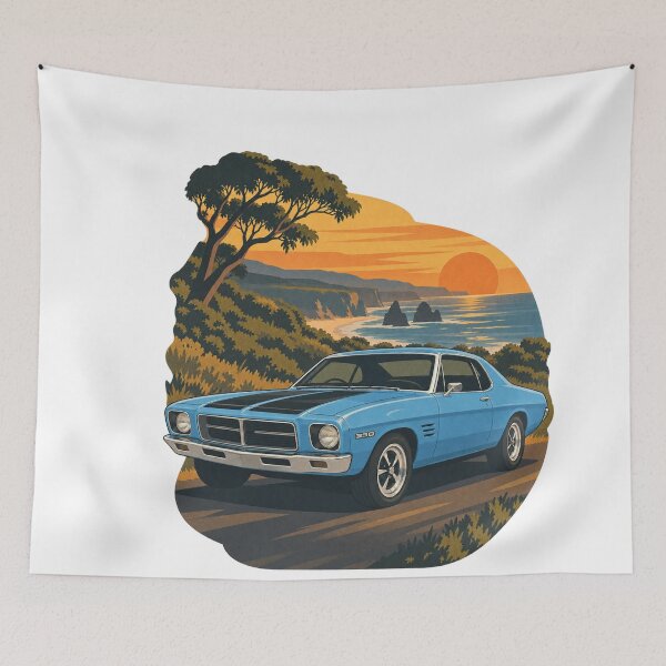 Artikelvorschau, 1971 Holden Monaro GTS 350 | Australisches Muscle-Car | Retro-Sonnenuntergang an der Küste entworfen und verkauft von Intrepid Media.