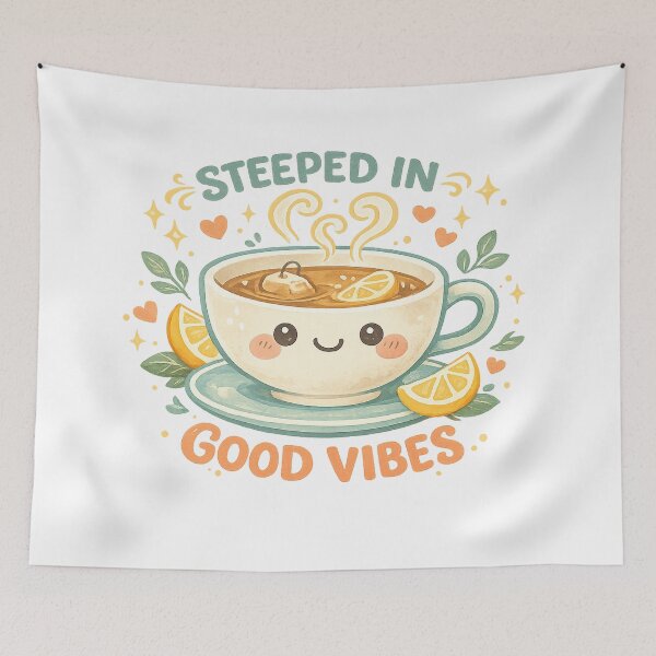 Item preview, Steeped in Good Vibes Cute Tea Cup Lemon Kawaii Cozy Beverage Design designed and sold by inkoutninja.