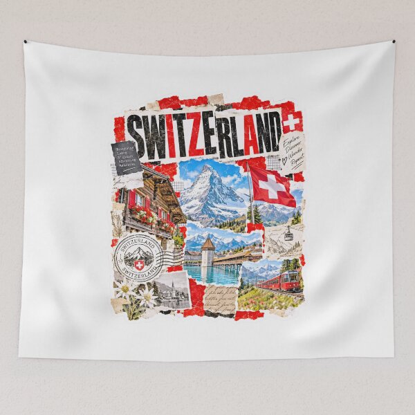 Item preview, Switzerland Vintage Travel Collage and Alps designed and sold by EdwinkOne.