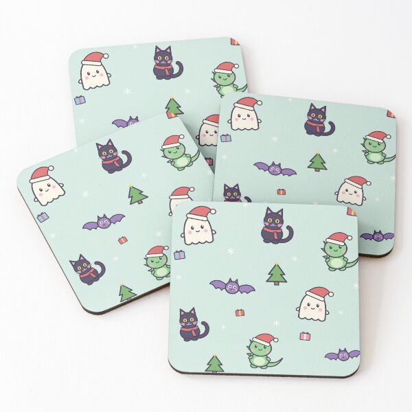 Aperçu de l'œuvre Kawaii Christmas Pattern Ghost Black Cat Dino in Santa Hats créée et vendue par violetteskyart-vioart.
