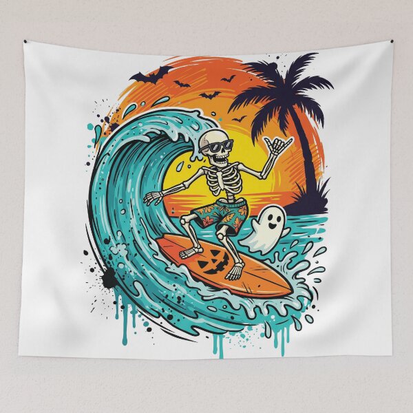 Item preview, Surfing Skeleton Pumpkin Surfboard Tropical Halloween Art designed and sold by Merch by Das Design Studio.