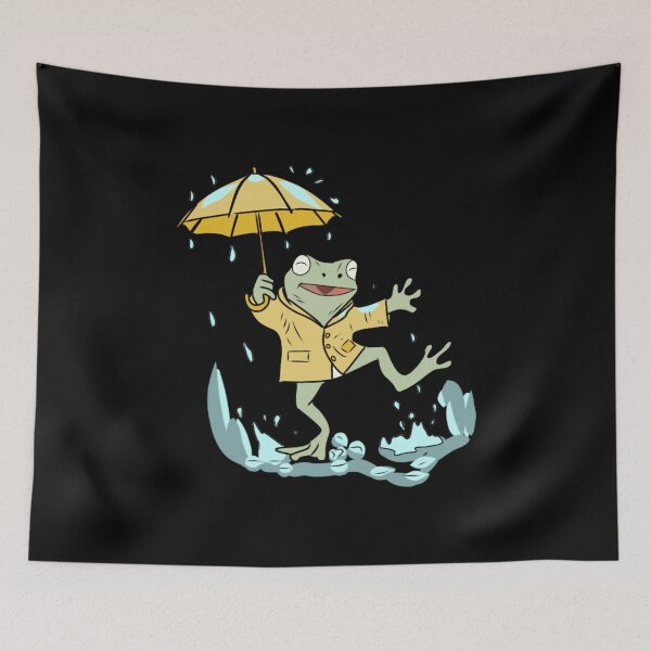 Item preview, Frog Dancing in Rain with Yellow Umbrella Cute Goblincore Illustration  designed and sold by LeshanArt.
