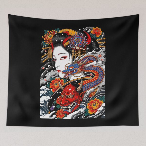 Item preview, Irezumi Legacy-Traditional Japanese Geisha, Dragon & Oni Mask Illustration designed and sold by HexOne.