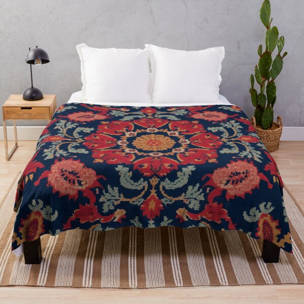 Item preview, Navy Blue Uzbek Suzani Carpet Pattern - Red & Gold Floral Neem Embroidery Tapestry designed and sold by GrinGalore.