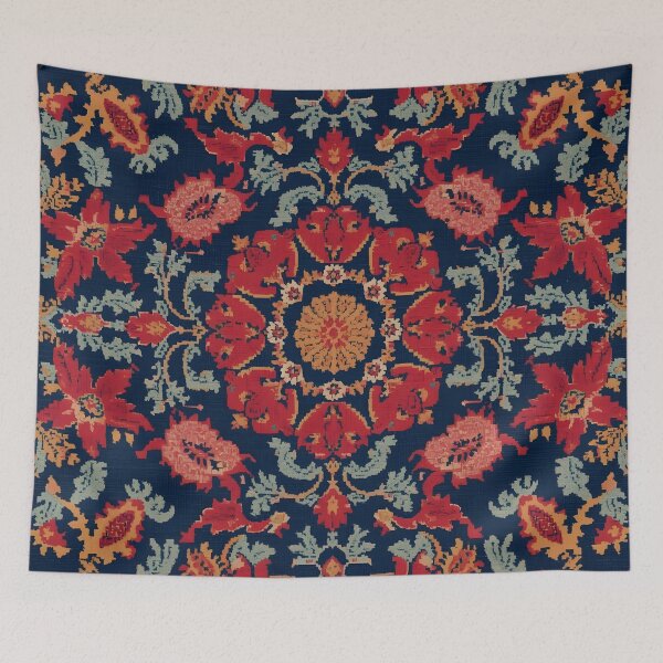 Item preview, Navy Blue Uzbek Suzani Carpet Pattern - Red & Gold Floral Neem Embroidery Tapestry designed and sold by GrinGalore.
