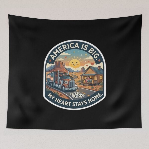Item preview, America Is Big My Heart Stays Home Route 66 Trucker Emblem designed and sold by PoleksGraphics.