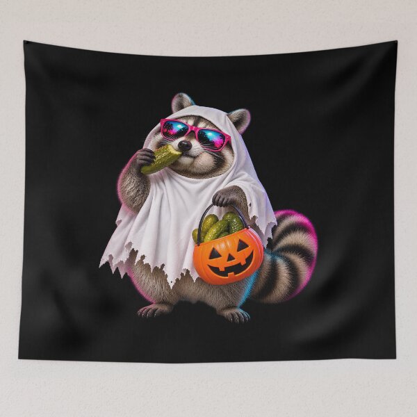 Item preview, Ghost Raccoon Eating Pickles - Funny Halloween Snack designed and sold by ArtFeverShop.