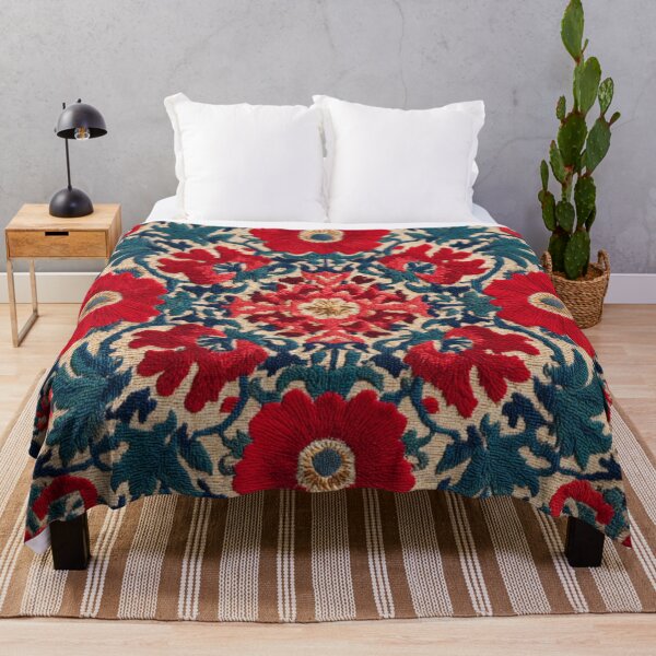 Item preview, Uzbek Red Poppy Suzani Embroidery Pattern - Oriental Floral Tapestry Art designed and sold by GrinGalore.