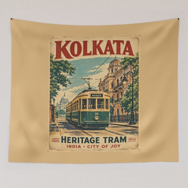 Item preview, Kolkata Heritage Tram Vintage Travel Poster | Retro India City of Joy Artwork designed and sold by Globalcitytees.