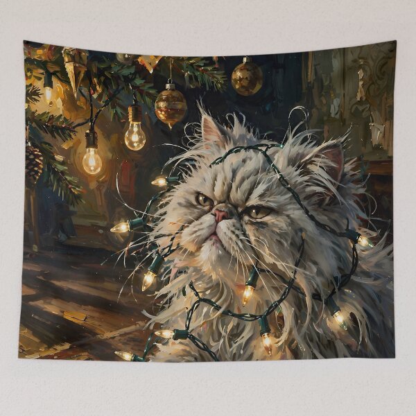 Item preview, Grumpy Persian Cat Tangled in Christmas Lights – Festive Cat Art designed and sold by cr6zym1nd.