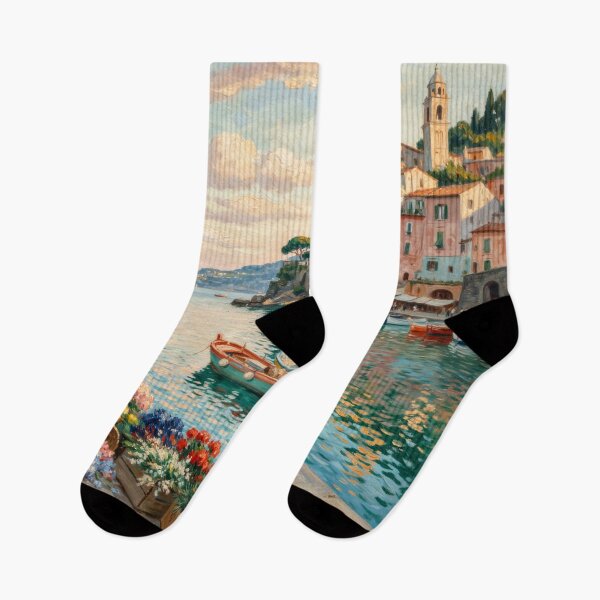 Item preview, Amalfi Coast Harbor Morning Market – Mediterranean Coastal Painting designed and sold by Tamas Das.