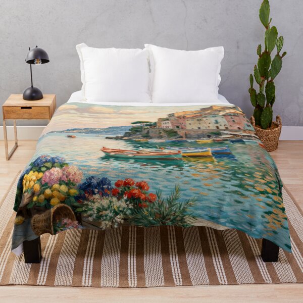 Item preview, Amalfi Coast Harbor Morning Market – Mediterranean Coastal Painting designed and sold by Tamas Das.