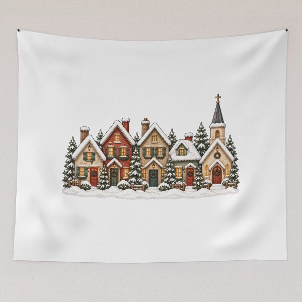 Item preview, Snowy Village Row Nordic Winter Christmas Art designed and sold by DreamelleStudio.