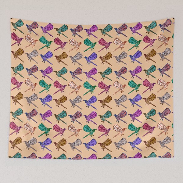Artikelvorschau, Colorful Folk Birds on brown background – Boho Bird Pattern entworfen und verkauft von Christina Angele Design.