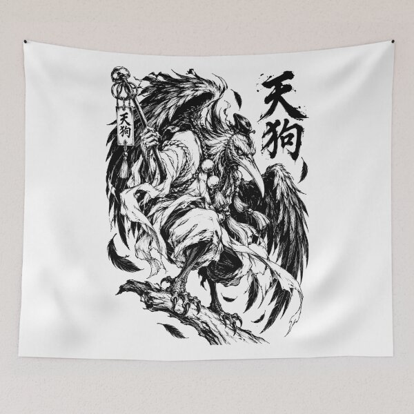 Item preview, Ink Japanese Tengu Yokai with Calligraphic Talismans designed and sold by bapupa.