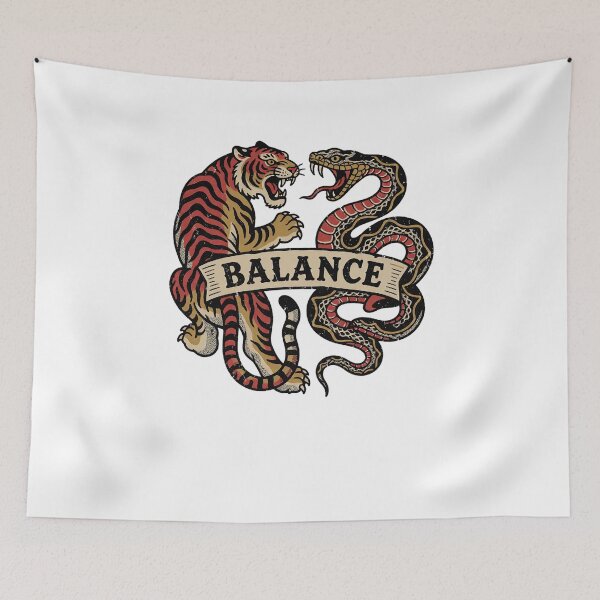 Item preview, Traditional Tattoo Flash Tiger and Snake with Balance Banner - Vintage Americana Duel Art - Old School Tattoo Design designed and sold by cannsuh.