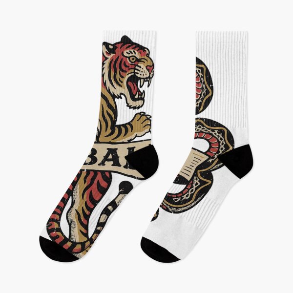 Item preview, Traditional Tattoo Flash Tiger and Snake with Balance Banner - Vintage Americana Duel Art - Old School Tattoo Design designed and sold by cannsuh.