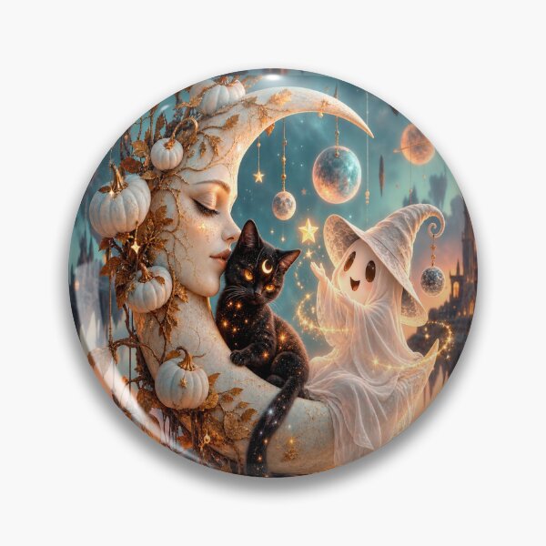 Artikelvorschau, Celestial Halloween Moon Cat & Ghost entworfen und verkauft von Personiq Kaleido.