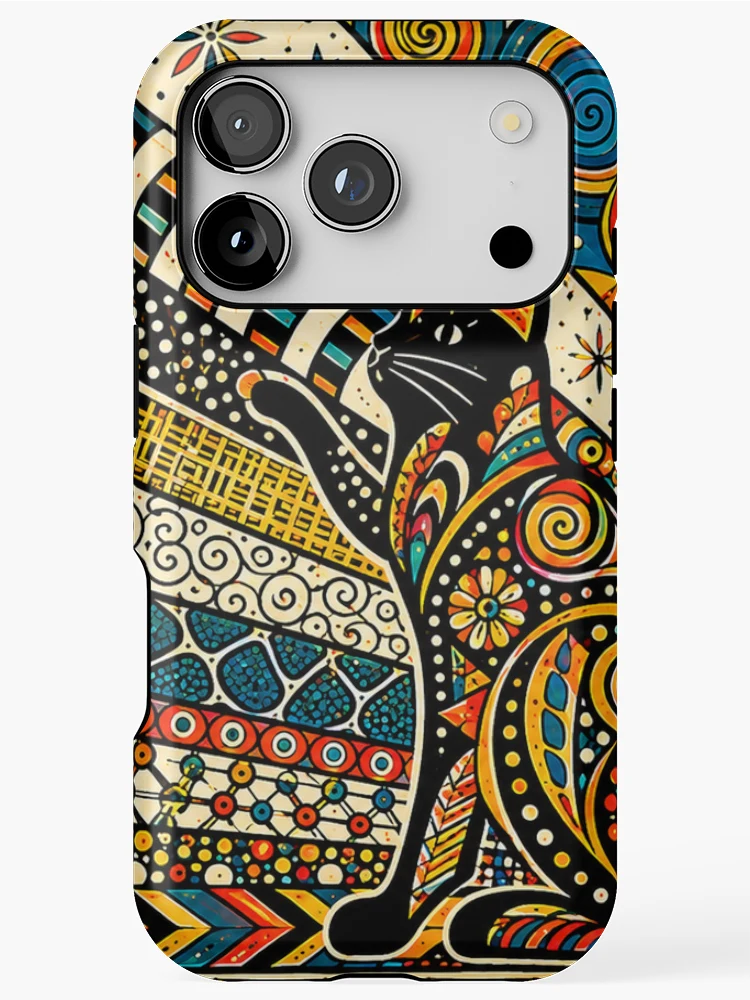 Thumbnail 1 of 4, iPhone Case, Colorful Geometric Cat with Boho Patterns designed and sold by PatternFablee.