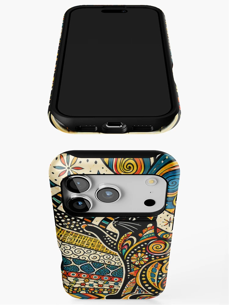 Thumbnail 3 of 4, iPhone Case, Colorful Geometric Cat with Boho Patterns designed and sold by PatternFablee.