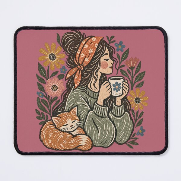 Item preview, Cozy Girl with Orange Cat and Coffee - Vintage Floral Cottagecore Aesthetic Artwork designed and sold by SeJaa.