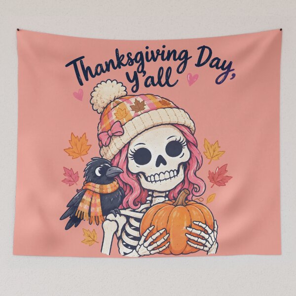 Item preview, Thanksgiving Pink Skeleton Girl Raven And Pumpkin designed and sold by CreepyCornerArt.