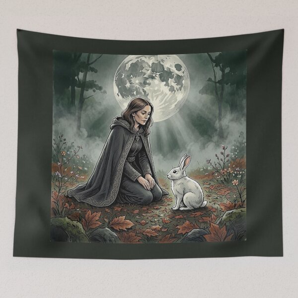 Item preview, Celtic Witch with Moon Hare, Gothic Full Moon Forest Art designed and sold by Roberta Calabrese.