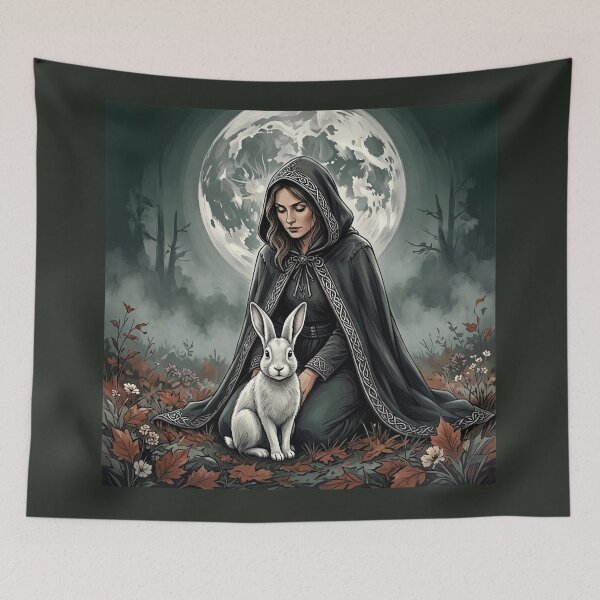 Item preview, Celtic Witch with Moon Hare, Gothic Full Moon Forest Art designed and sold by Roberta Calabrese.