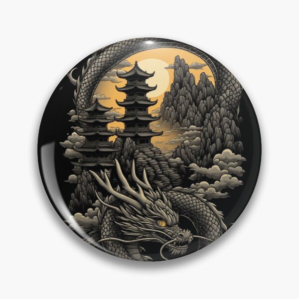 Item preview, Japanese dragon coiled over pagodas designed and sold by KinoDesign.