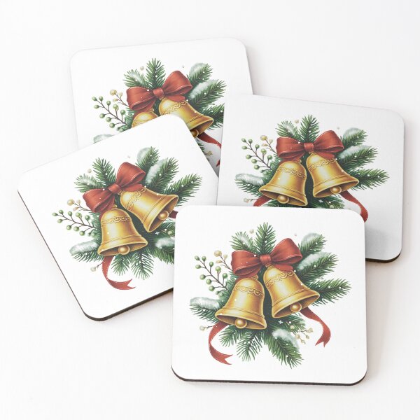 Aperçu de l'œuvre Cloches de Noël dorées avec nœud rouge et pin – Art des fêtes vintage créée et vendue par Iras-Art-Corner.