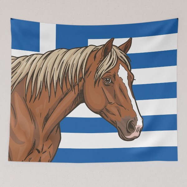 Item preview, The Aenos horse in front of the Greek flag designed and sold by Cheval-de-coeur.