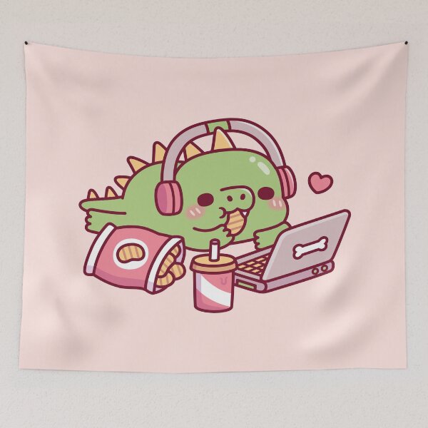 Item preview, Cute Dino Chilling With Snacks And Laptop designed and sold by rustydoodle.