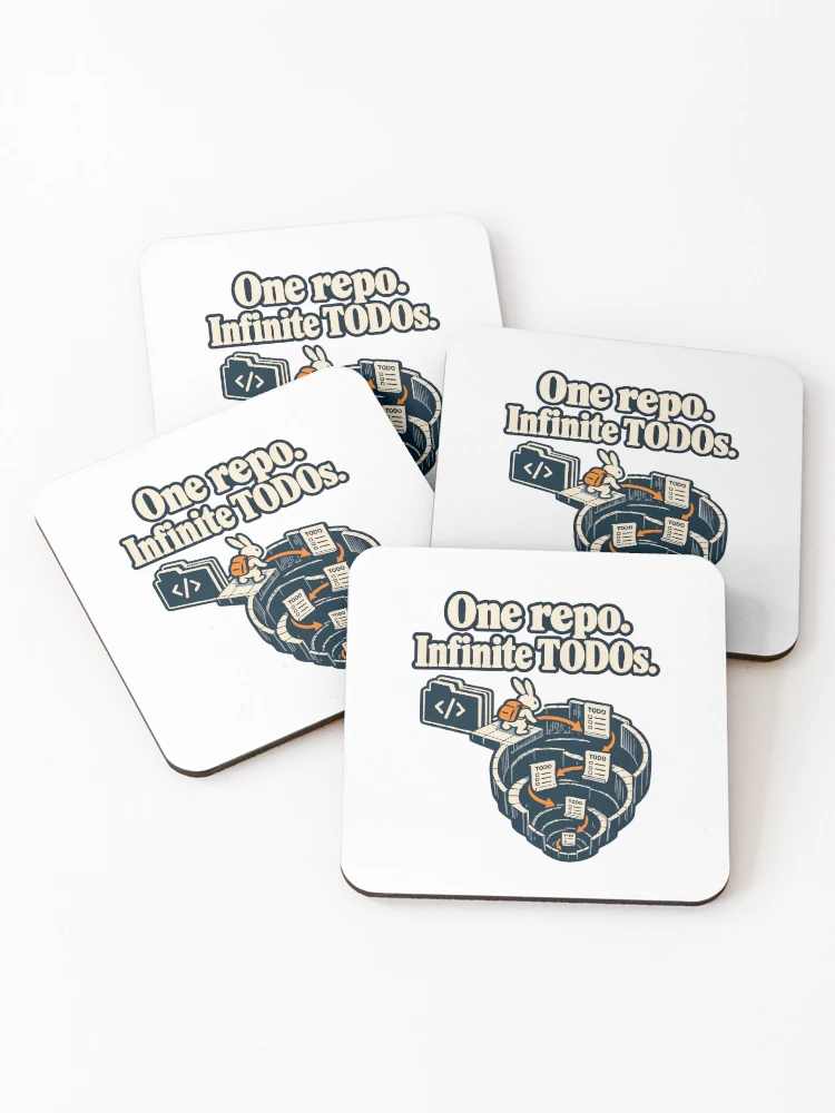 Thumbnail 1 of 5, Coasters (Set of 4), One Repo Infinite TODOs Rabbit Explorer Graphic designed and sold by ThreadQuirk.