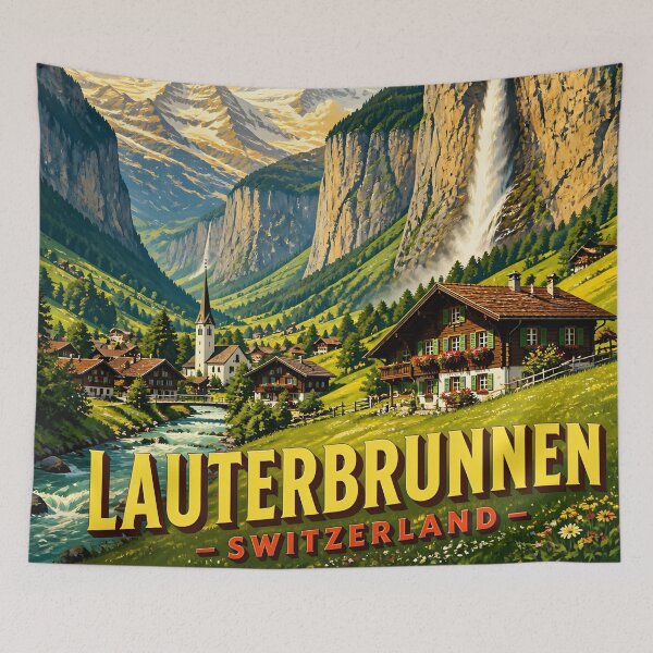 Item preview, Lauterbrunnen Switzerland – Vintage Alpine Valley Travel Poster designed and sold by LSVart.