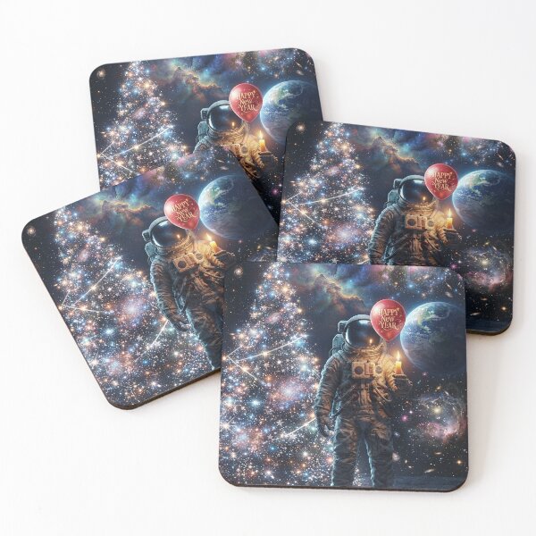Item preview, Cosmic New Year: Astronaut with Star Christmas Tree and Red Balloon designed and sold by Rain-Road.
