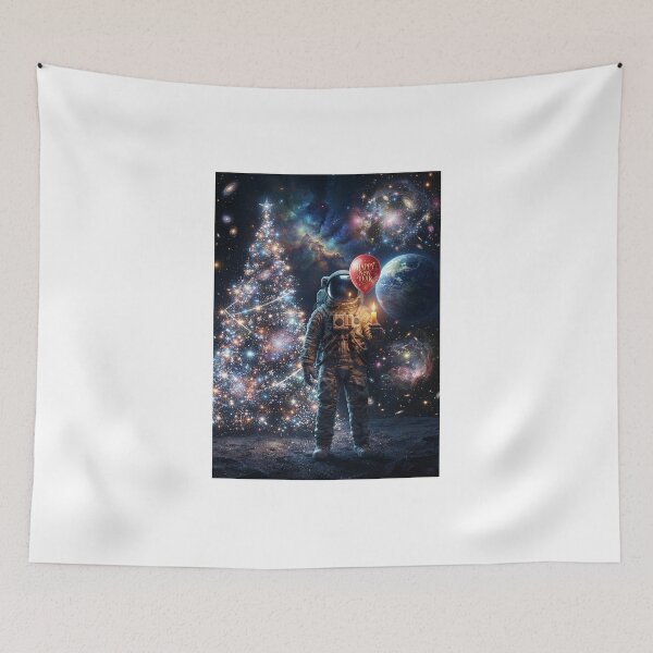 Item preview, Cosmic New Year: Astronaut with Star Christmas Tree and Red Balloon designed and sold by Rain-Road.