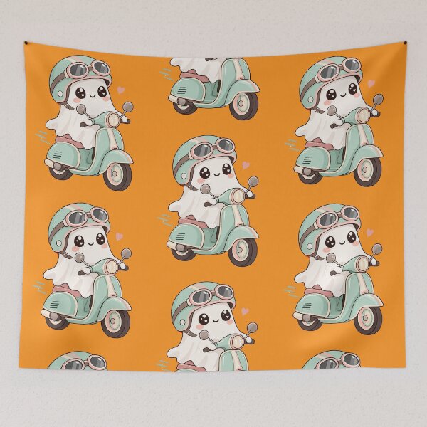 Item preview, Cute Little Ghost Riding a Vintage Scooter Pastel Halloween Kids Art designed and sold by urmoments.