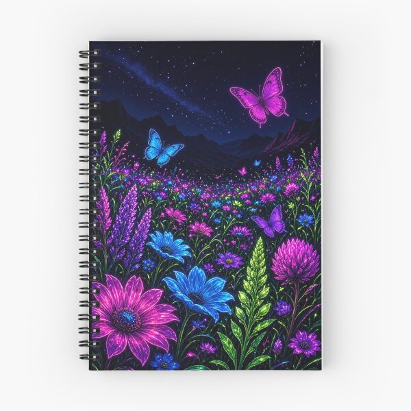 Item preview, Vibrant neon wildflower meadow with glowing butterflies  designed and sold by Nexus Space.