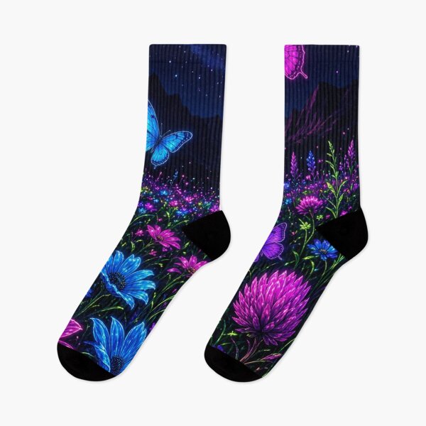 Item preview, Vibrant neon wildflower meadow with glowing butterflies  designed and sold by Nexus Space.