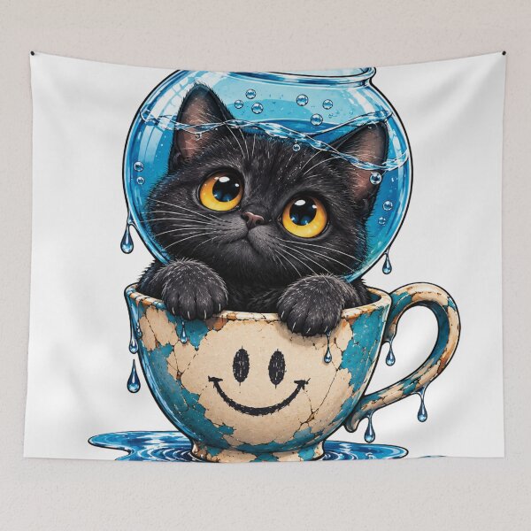 Artikelvorschau, Surreale schwarze Katze in einer Teetasse – Verspielte Traumkunst entworfen und verkauft von GoldenSparkleShop.