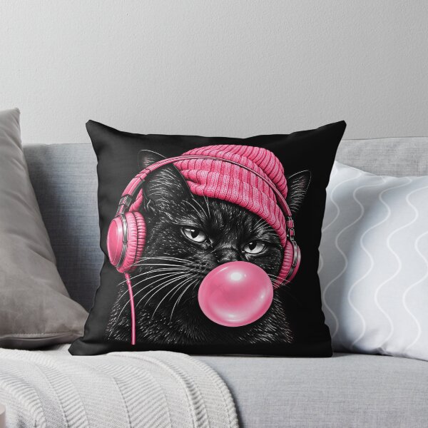 Item preview, Black Cat Blowing Bubble Gum Wearing Beanie and Headphones designed and sold by Morescitaf.